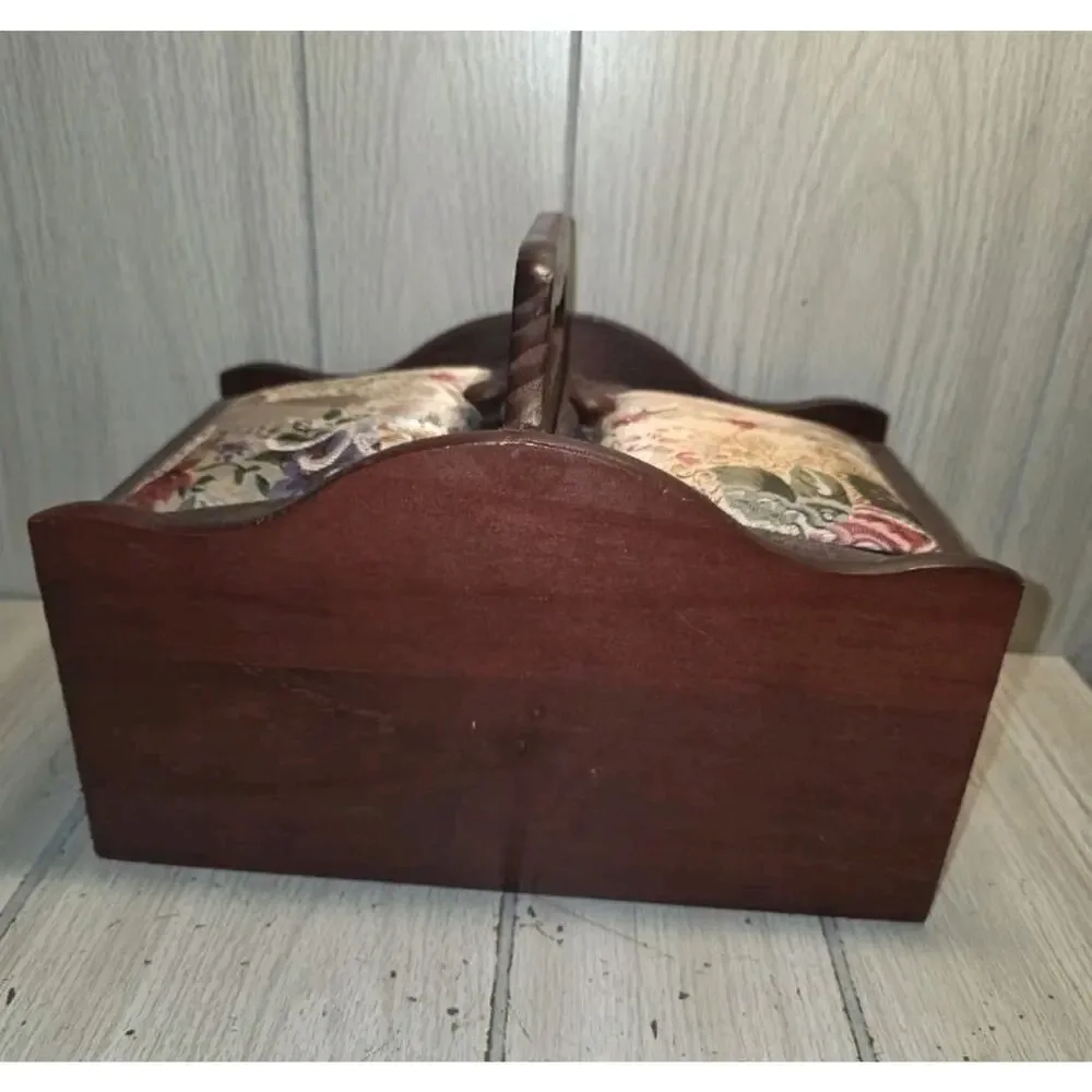 Vintage Sewing Box Duel Pin Cushion Top Drawer Velvet Interior Dark Wood Country